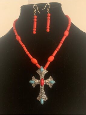 Red Beaded Necklace with Silver Cross Pendant and Turquoise Accents